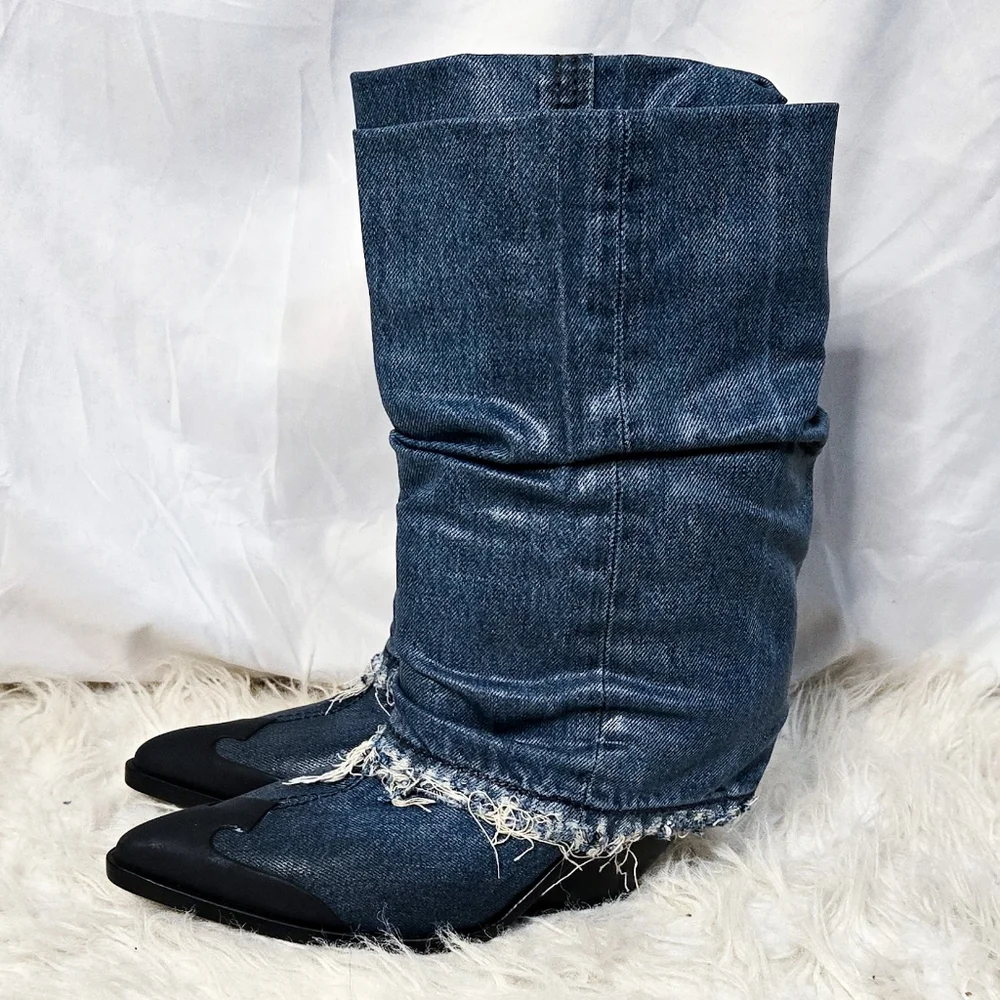 Diesel Denim Foldover Cowboy Boots Y2K 90s Grunge Pointed Toe - Picture 2 of 9